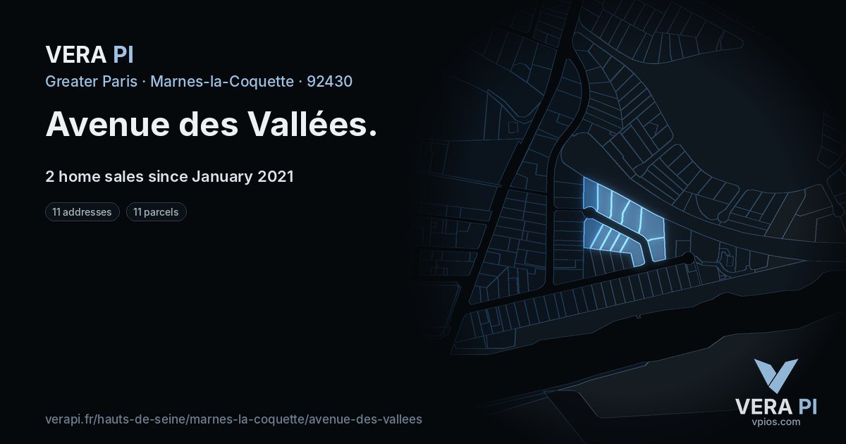 Avenue des Vallées, Marnes-la-Coquette at night – every parcel coloured by the prices around it, the street's own parcels lit