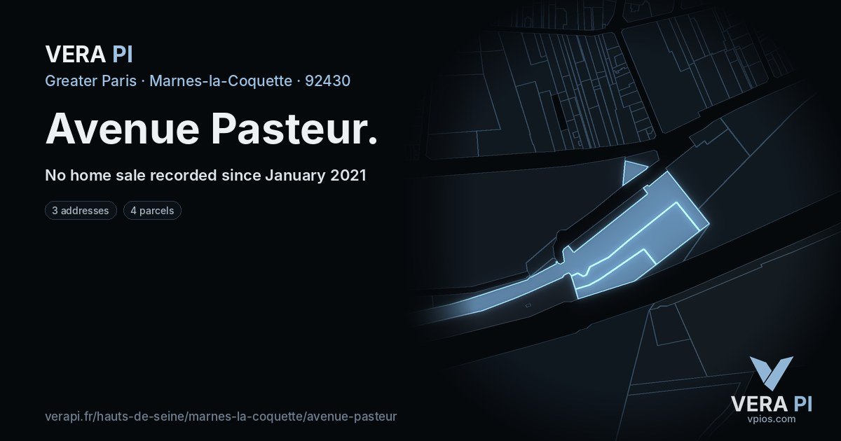 Avenue Pasteur, Marnes-la-Coquette at night – every parcel coloured by the prices around it, the street's own parcels lit