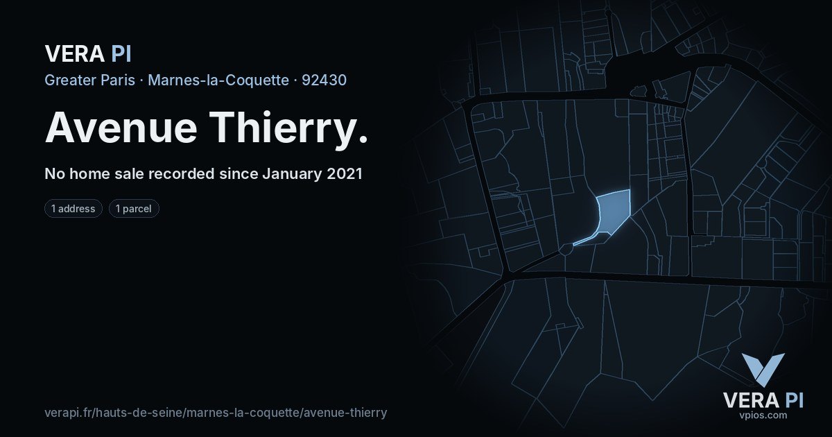 Avenue Thierry, Marnes-la-Coquette at night – every parcel coloured by the prices around it, the street's own parcels lit