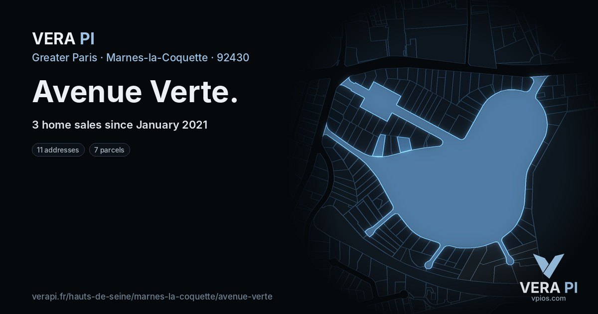 Avenue Verte, Marnes-la-Coquette at night – every parcel coloured by the prices around it, the street's own parcels lit