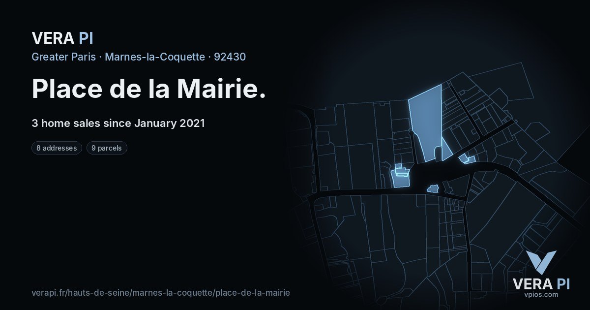 Place de la Mairie, Marnes-la-Coquette at night – every parcel coloured by the prices around it, the street's own parcels lit