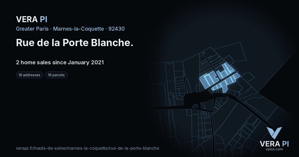 Rue de la Porte Blanche, Marnes-la-Coquette at night – every parcel coloured by the prices around it, the street's own parcels lit