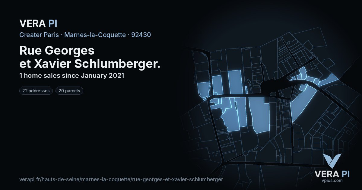 Rue Georges et Xavier Schlumberger, Marnes-la-Coquette at night – every parcel coloured by the prices around it, the street's own parcels lit