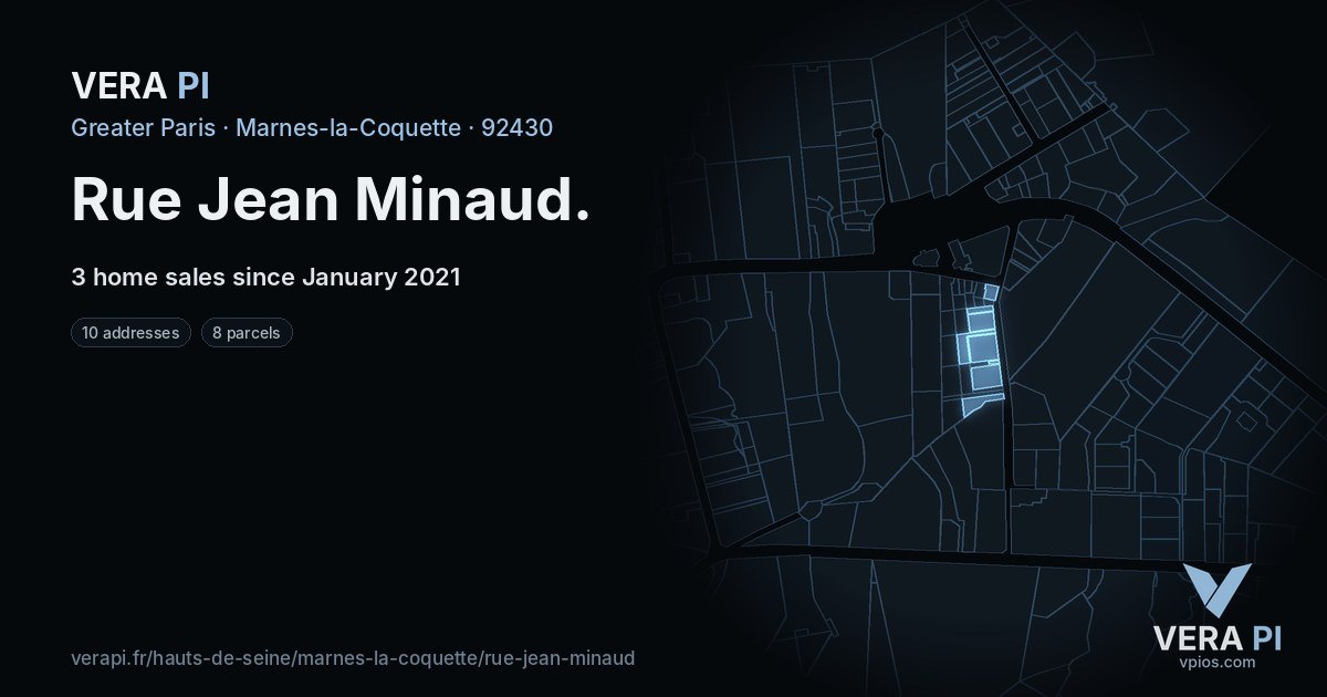 Rue Jean Minaud, Marnes-la-Coquette at night – every parcel coloured by the prices around it, the street's own parcels lit