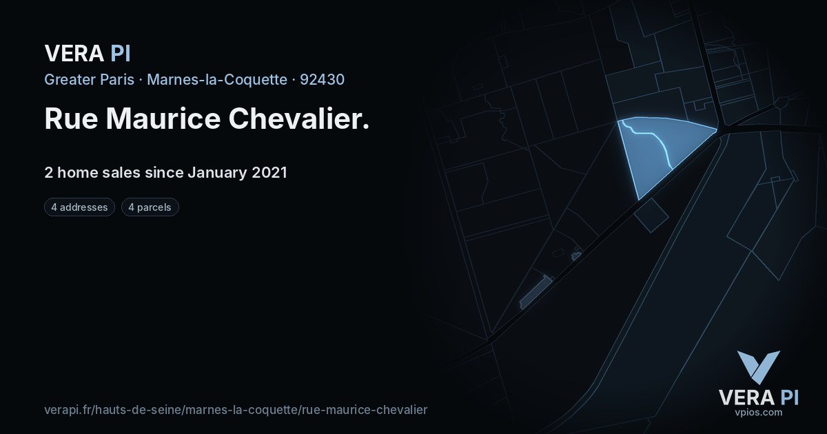 Rue Maurice Chevalier, Marnes-la-Coquette at night – every parcel coloured by the prices around it, the street's own parcels lit
