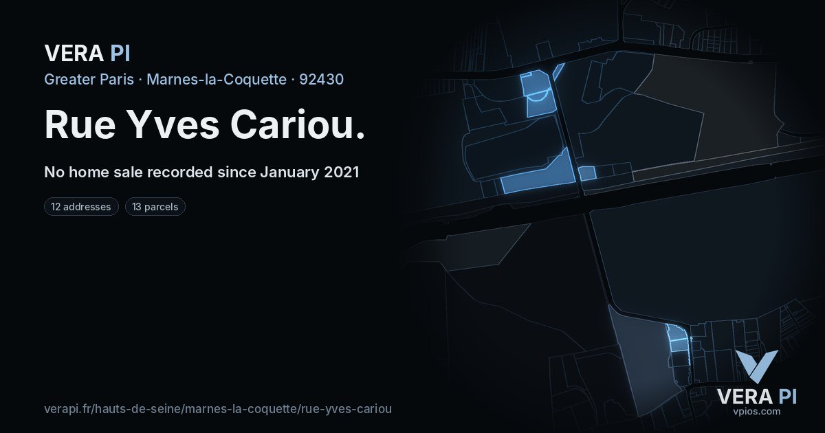 Rue Yves Cariou, Marnes-la-Coquette at night – every parcel coloured by the prices around it, the street's own parcels lit