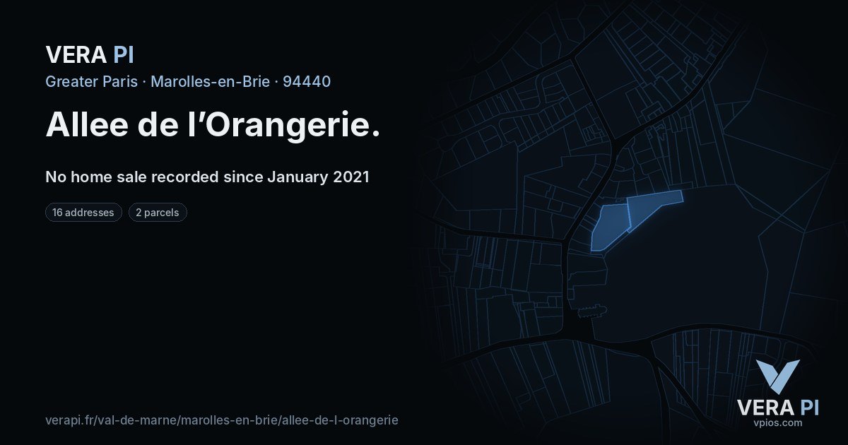 Allee de l’Orangerie, Marolles-en-Brie at night – every parcel coloured by the prices around it, the street's own parcels lit