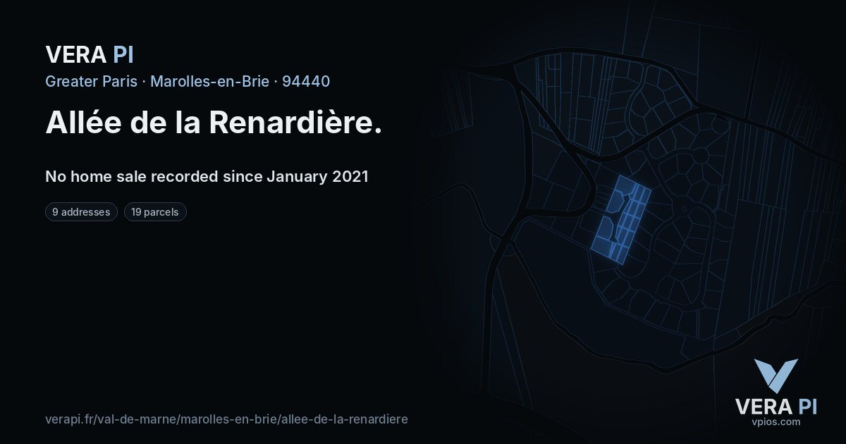 Allée de la Renardière, Marolles-en-Brie at night – every parcel coloured by the prices around it, the street's own parcels lit