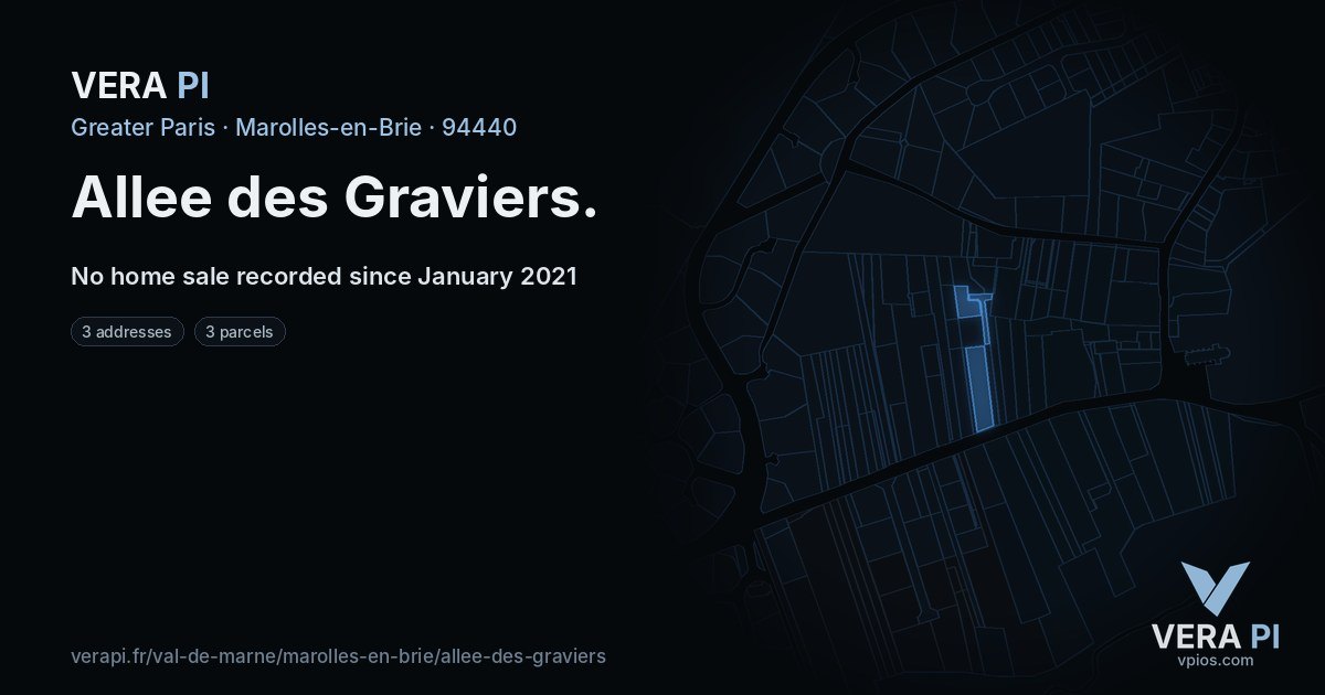 Allee des Graviers, Marolles-en-Brie at night – every parcel coloured by the prices around it, the street's own parcels lit