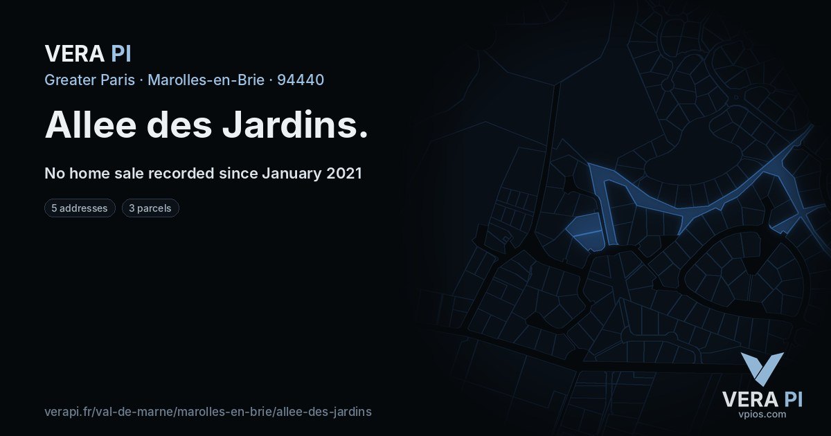 Allee des Jardins, Marolles-en-Brie at night – every parcel coloured by the prices around it, the street's own parcels lit