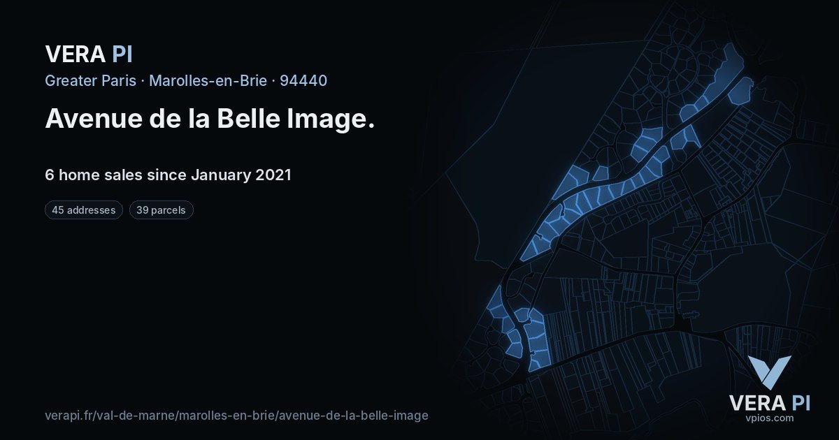 Avenue de la Belle Image, Marolles-en-Brie at night – every parcel coloured by the prices around it, the street's own parcels lit