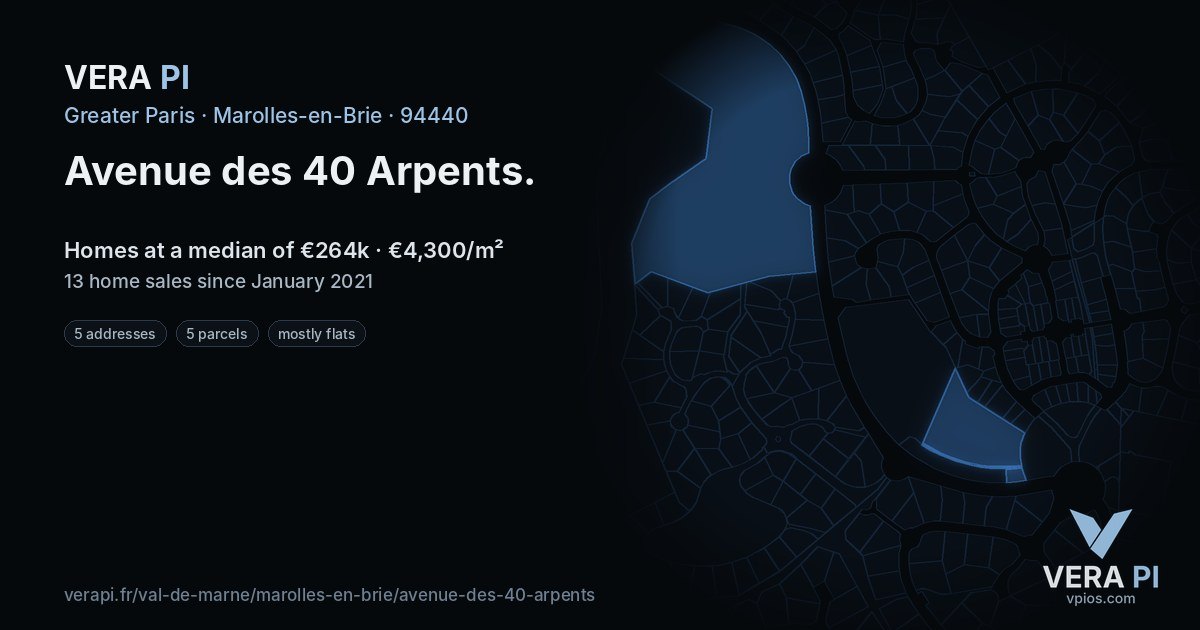 Avenue des 40 Arpents, Marolles-en-Brie at night – every parcel coloured by the prices around it, the street's own parcels lit