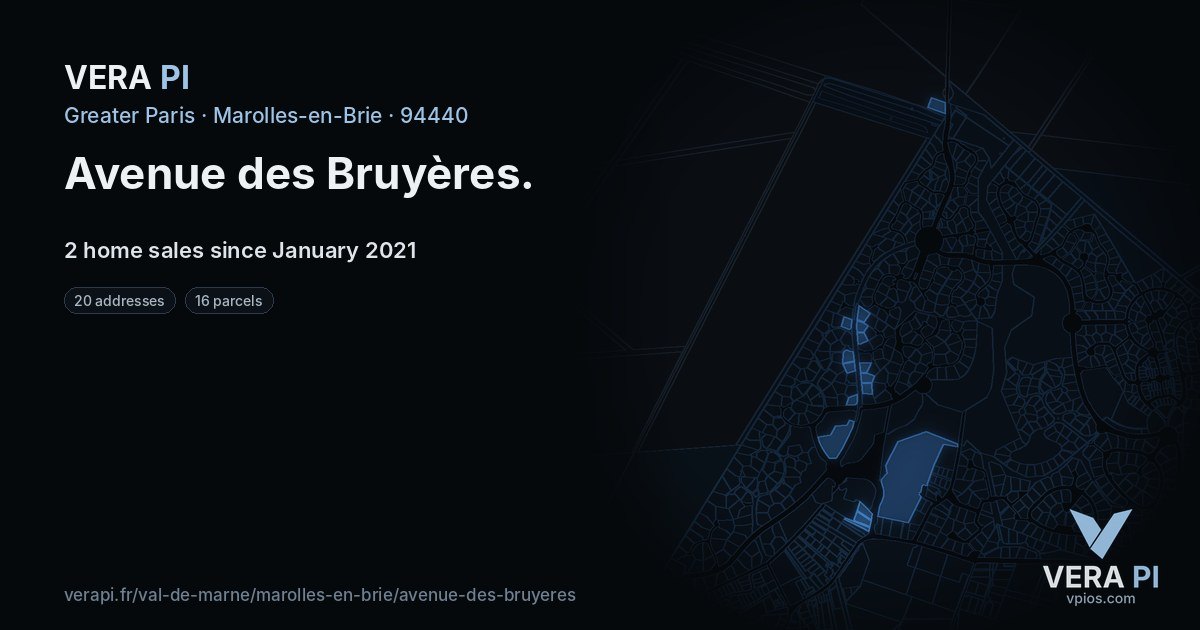 Avenue des Bruyères, Marolles-en-Brie at night – every parcel coloured by the prices around it, the street's own parcels lit
