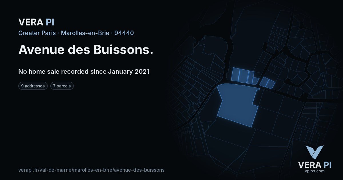 Avenue des Buissons, Marolles-en-Brie at night – every parcel coloured by the prices around it, the street's own parcels lit