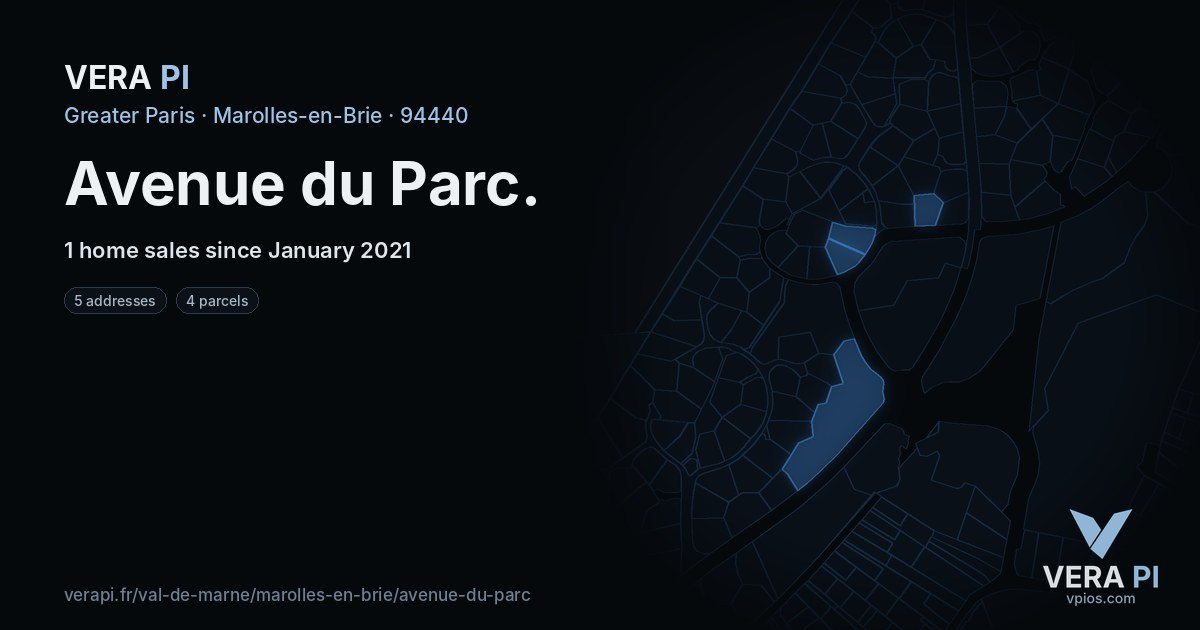 Avenue du Parc, Marolles-en-Brie at night – every parcel coloured by the prices around it, the street's own parcels lit
