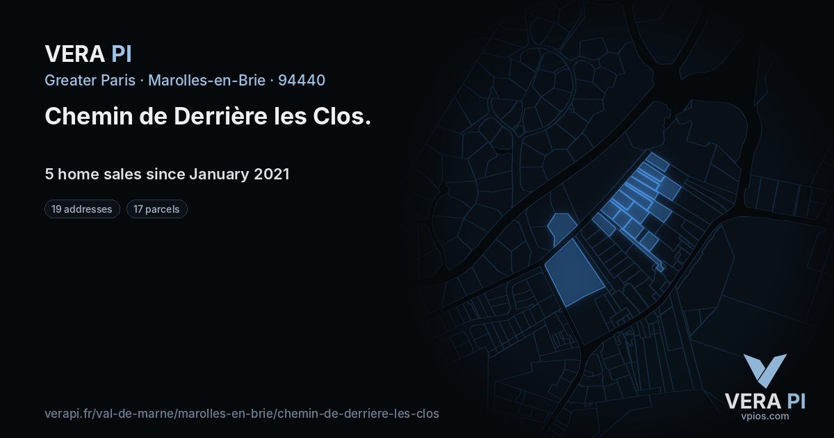 Chemin de Derrière les Clos, Marolles-en-Brie at night – every parcel coloured by the prices around it, the street's own parcels lit