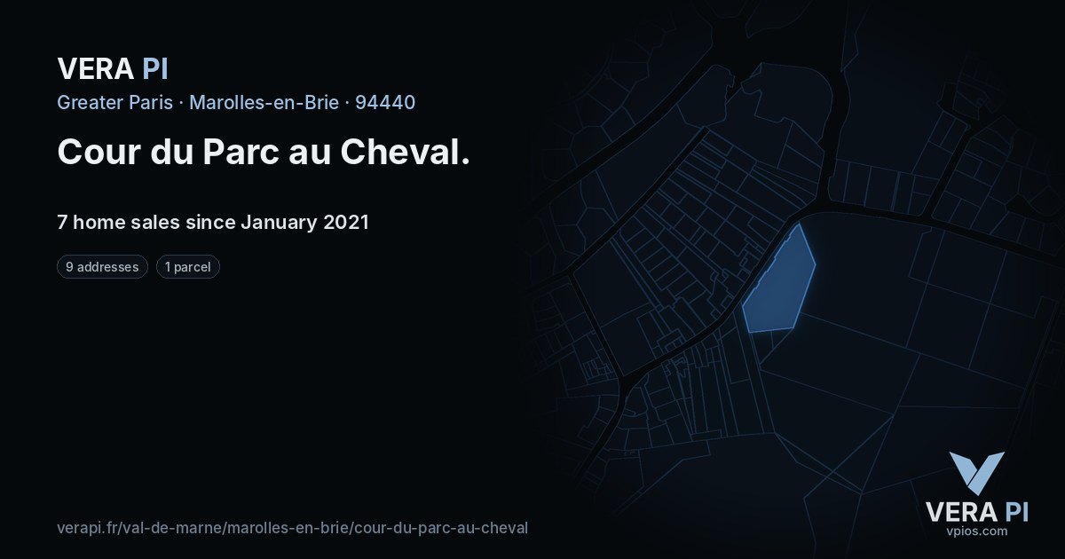 Cour du Parc au Cheval, Marolles-en-Brie at night – every parcel coloured by the prices around it, the street's own parcels lit