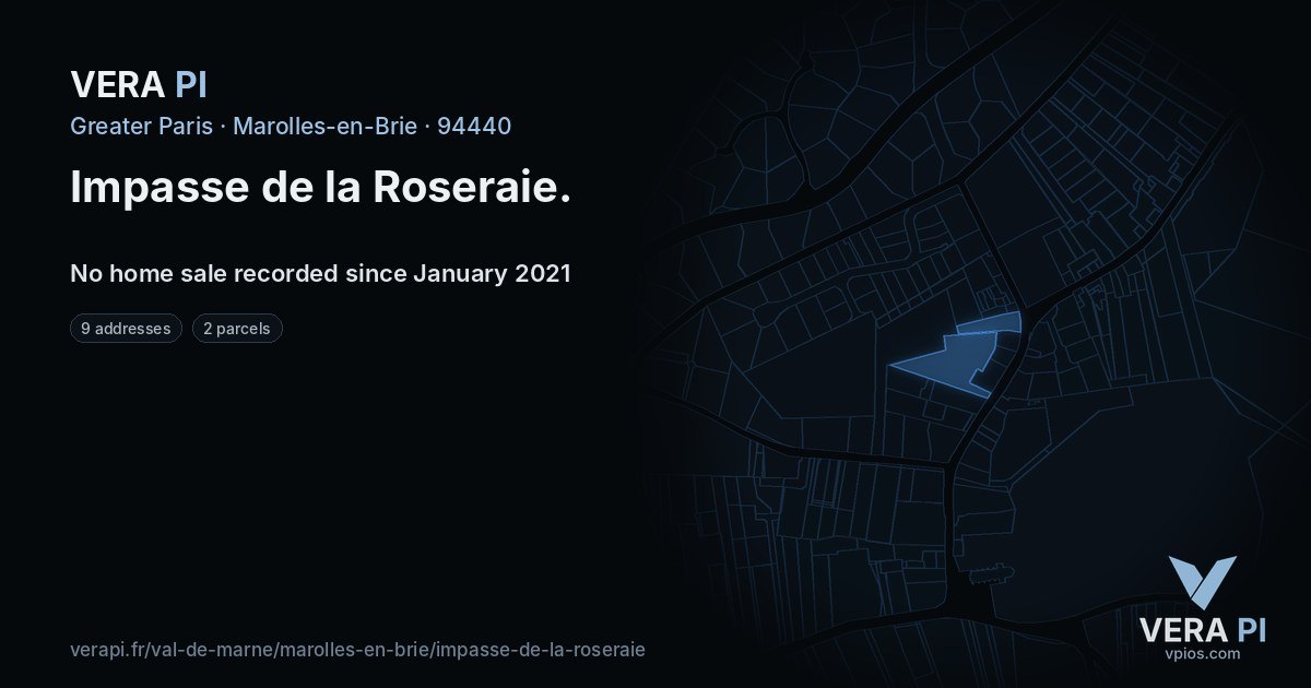 Impasse de la Roseraie, Marolles-en-Brie at night – every parcel coloured by the prices around it, the street's own parcels lit