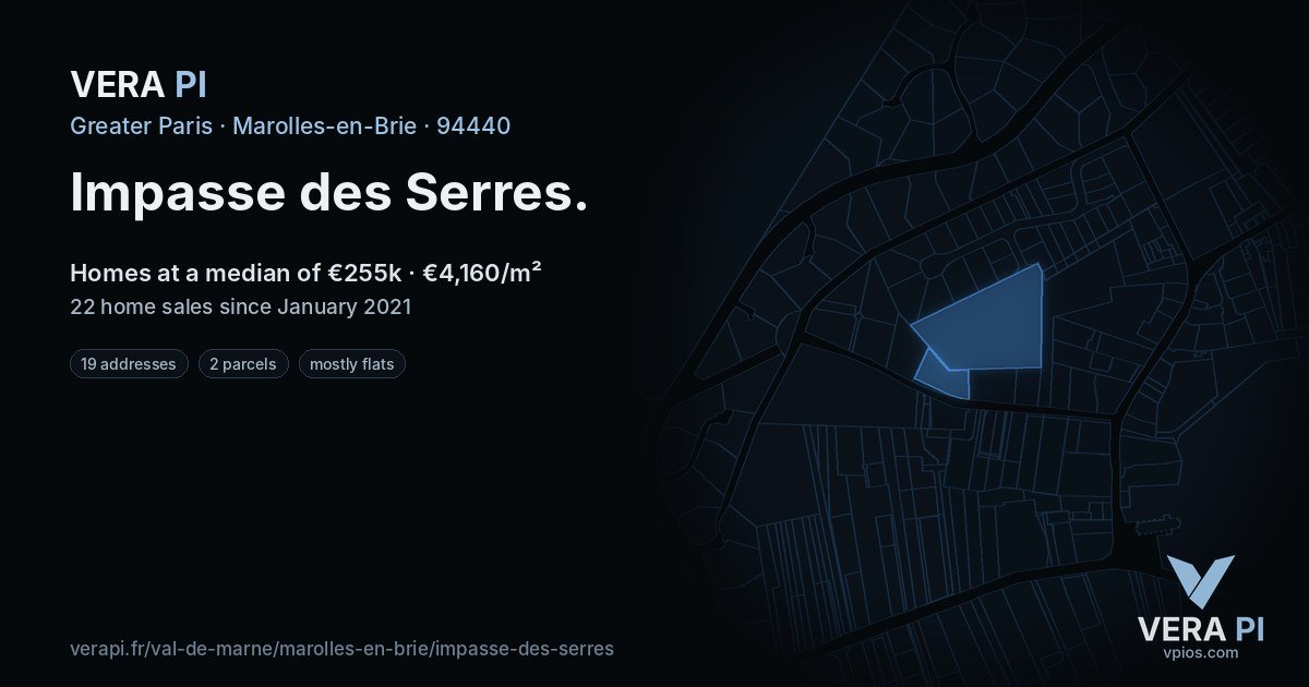 Impasse des Serres, Marolles-en-Brie at night – every parcel coloured by the prices around it, the street's own parcels lit