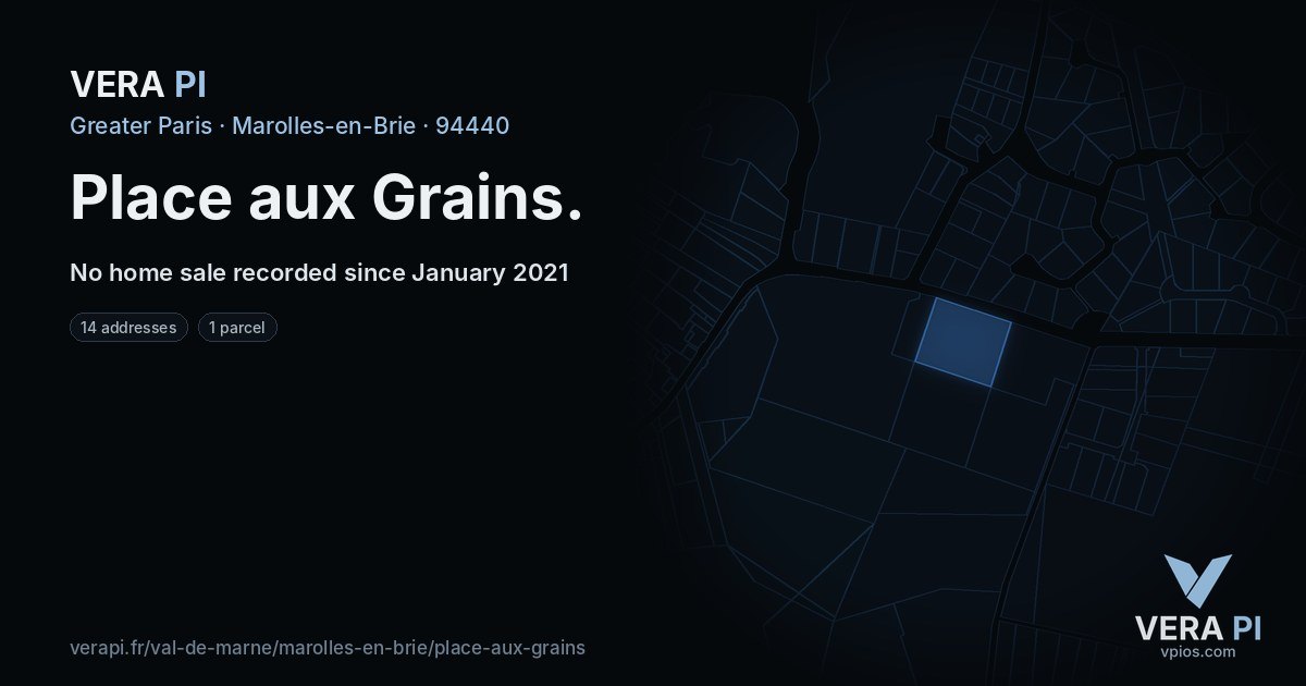 Place aux Grains, Marolles-en-Brie at night – every parcel coloured by the prices around it, the street's own parcels lit