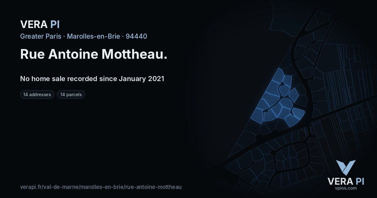 Rue Antoine Mottheau, Marolles-en-Brie at night – every parcel coloured by the prices around it, the street's own parcels lit