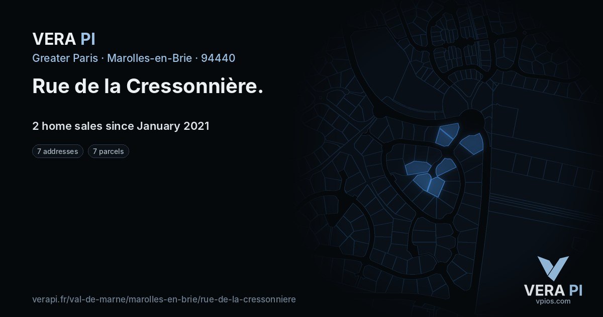 Rue de la Cressonnière, Marolles-en-Brie at night – every parcel coloured by the prices around it, the street's own parcels lit