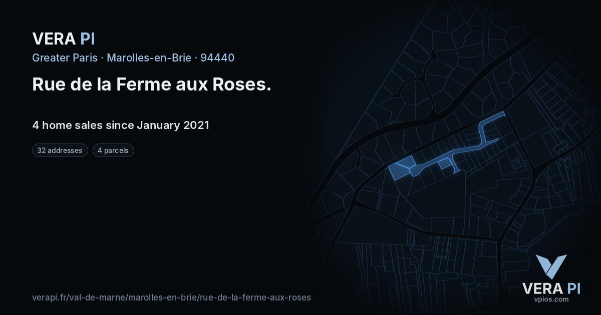 Rue de la Ferme aux Roses, Marolles-en-Brie at night – every parcel coloured by the prices around it, the street's own parcels lit