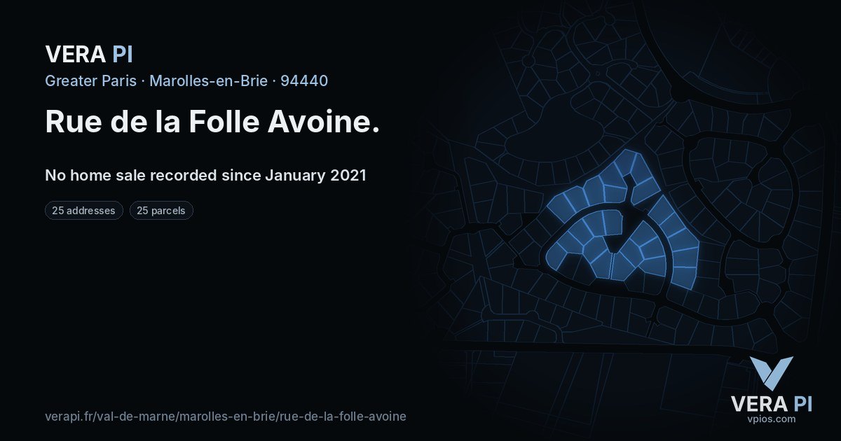Rue de la Folle Avoine, Marolles-en-Brie at night – every parcel coloured by the prices around it, the street's own parcels lit
