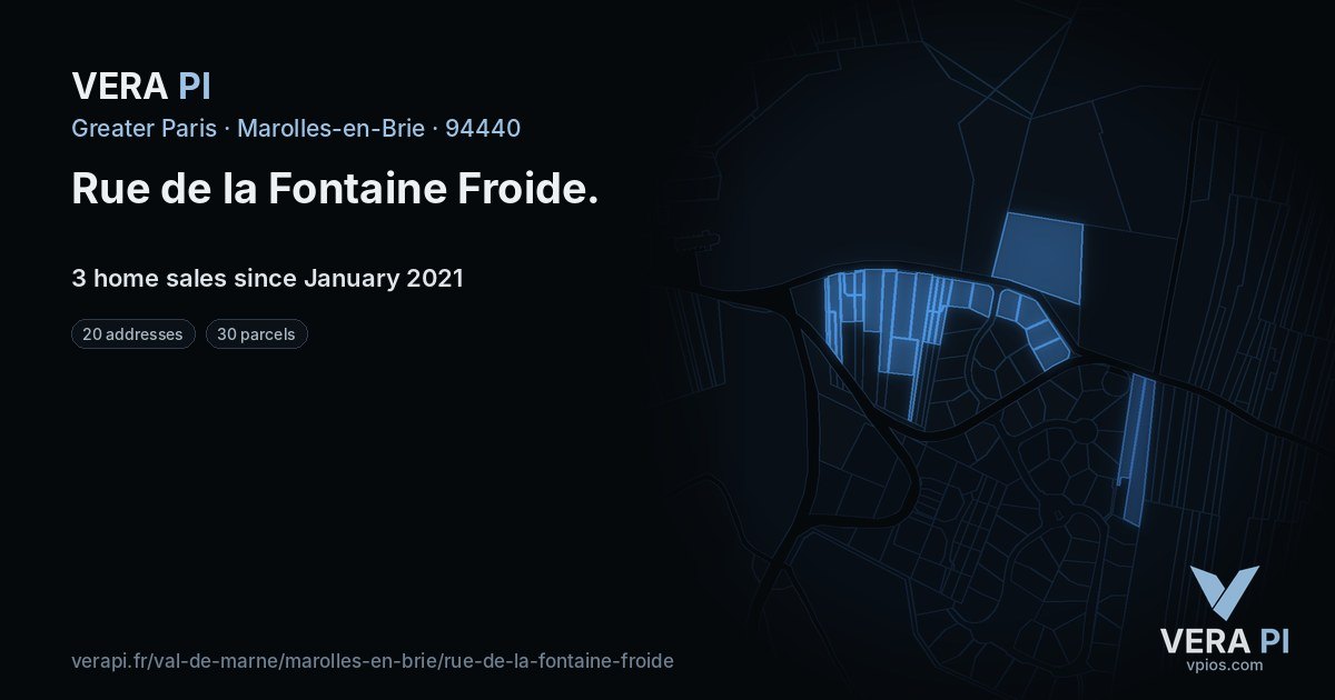 Rue de la Fontaine Froide, Marolles-en-Brie at night – every parcel coloured by the prices around it, the street's own parcels lit