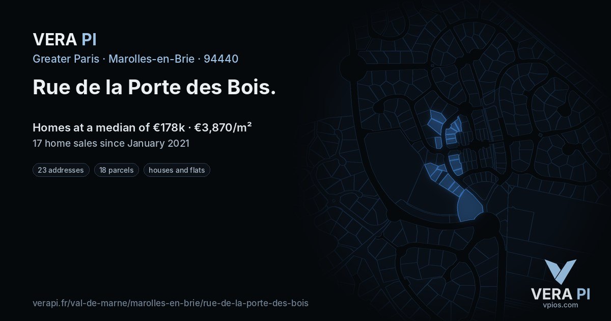 Rue de la Porte des Bois, Marolles-en-Brie at night – every parcel coloured by the prices around it, the street's own parcels lit