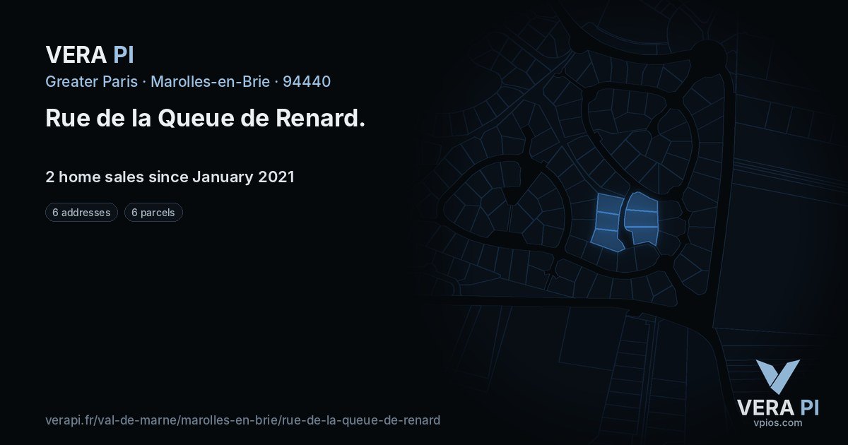 Rue de la Queue de Renard, Marolles-en-Brie at night – every parcel coloured by the prices around it, the street's own parcels lit