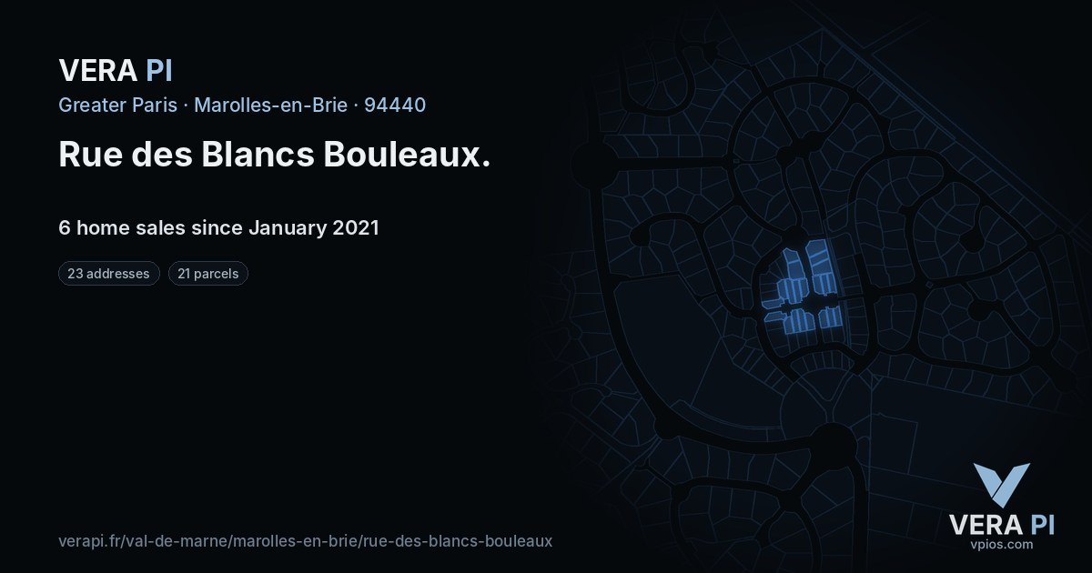 Rue des Blancs Bouleaux, Marolles-en-Brie at night – every parcel coloured by the prices around it, the street's own parcels lit