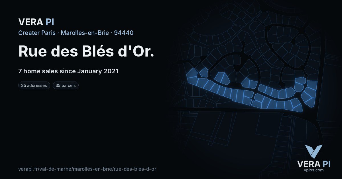 Rue des Blés d'Or, Marolles-en-Brie at night – every parcel coloured by the prices around it, the street's own parcels lit