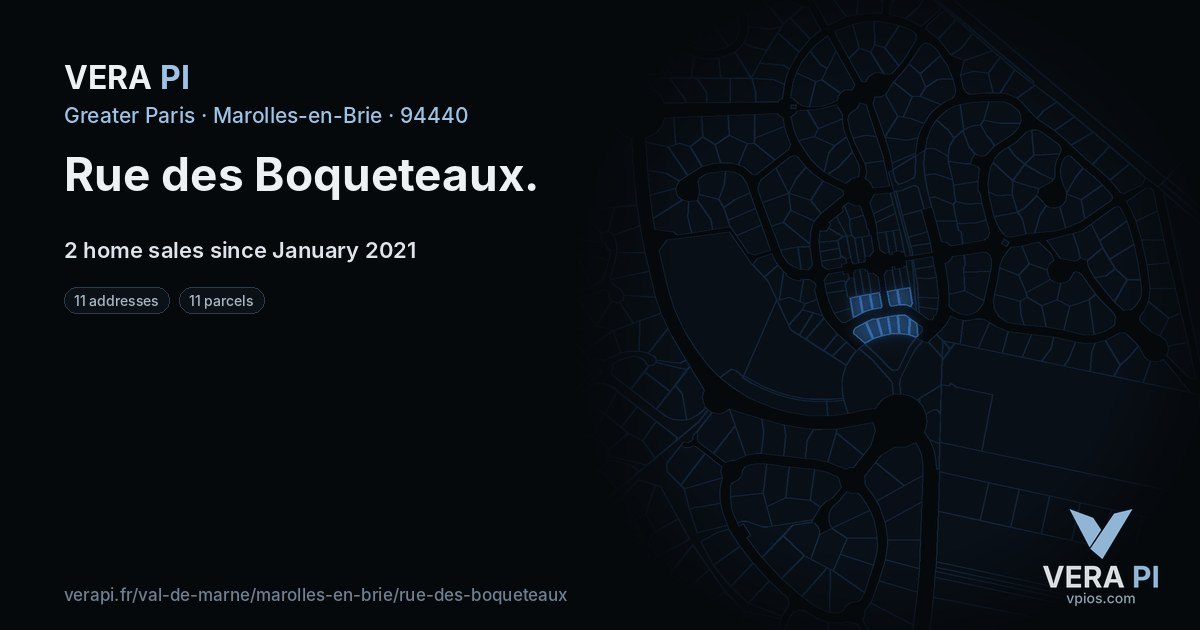 Rue des Boqueteaux, Marolles-en-Brie at night – every parcel coloured by the prices around it, the street's own parcels lit