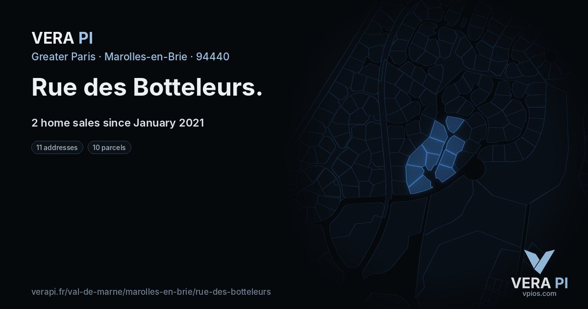 Rue des Botteleurs, Marolles-en-Brie at night – every parcel coloured by the prices around it, the street's own parcels lit