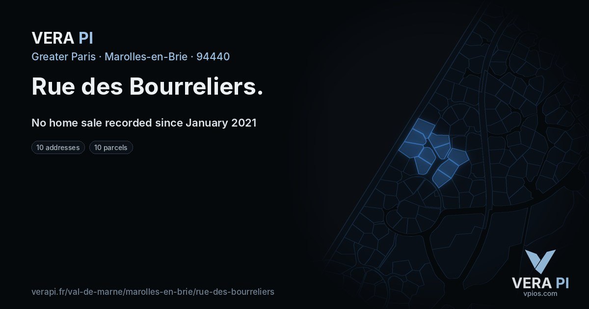 Rue des Bourreliers, Marolles-en-Brie at night – every parcel coloured by the prices around it, the street's own parcels lit