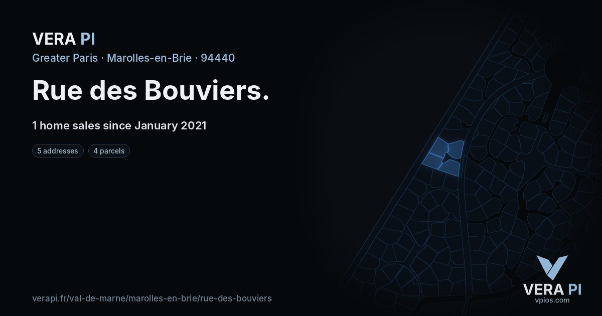 Rue des Bouviers, Marolles-en-Brie at night – every parcel coloured by the prices around it, the street's own parcels lit