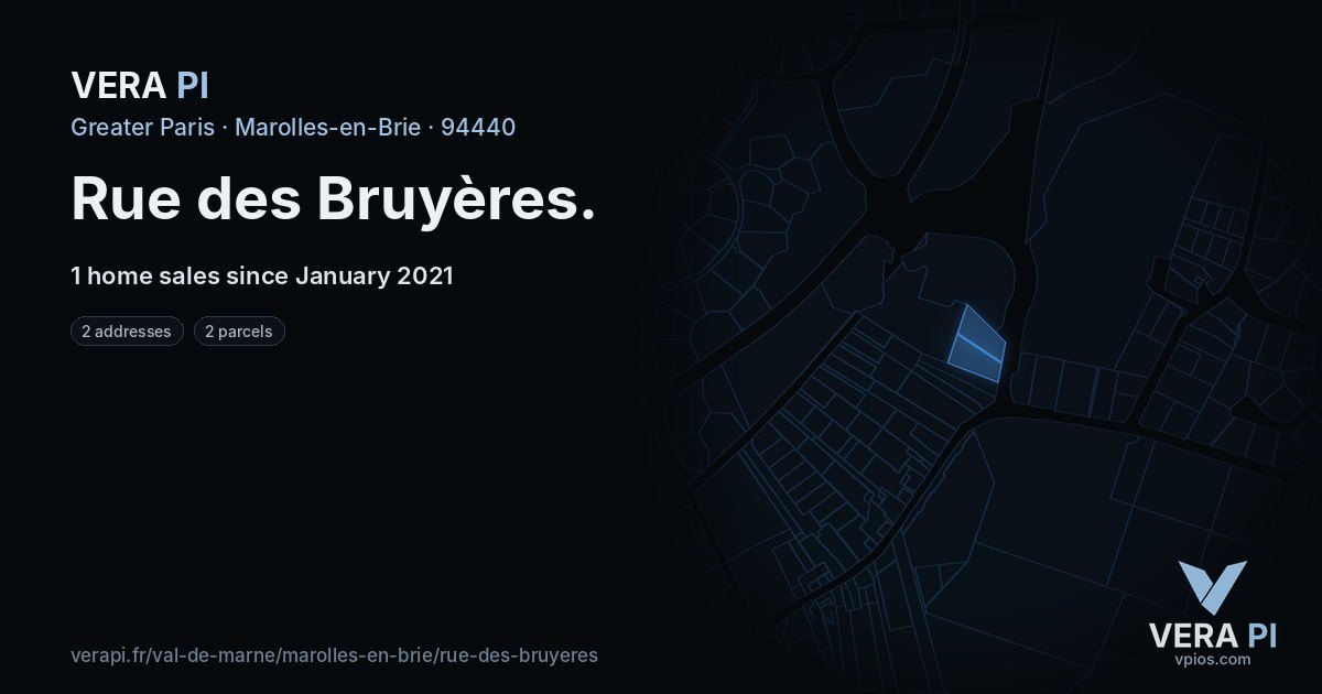 Rue des Bruyères, Marolles-en-Brie at night – every parcel coloured by the prices around it, the street's own parcels lit