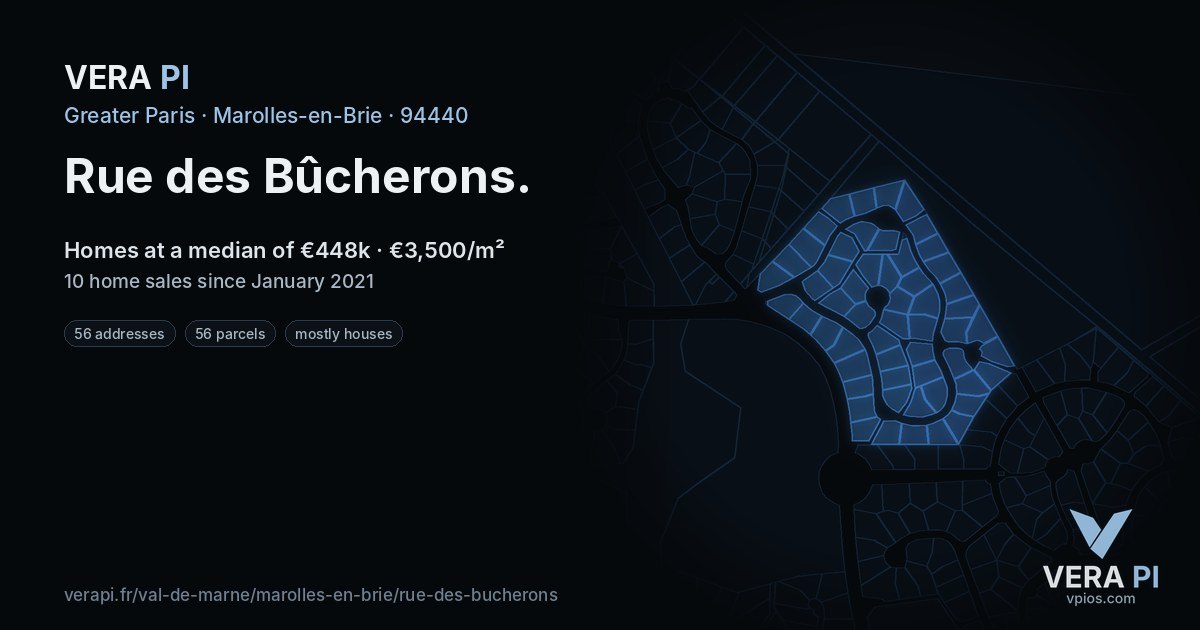 Rue des Bûcherons, Marolles-en-Brie at night – every parcel coloured by the prices around it, the street's own parcels lit