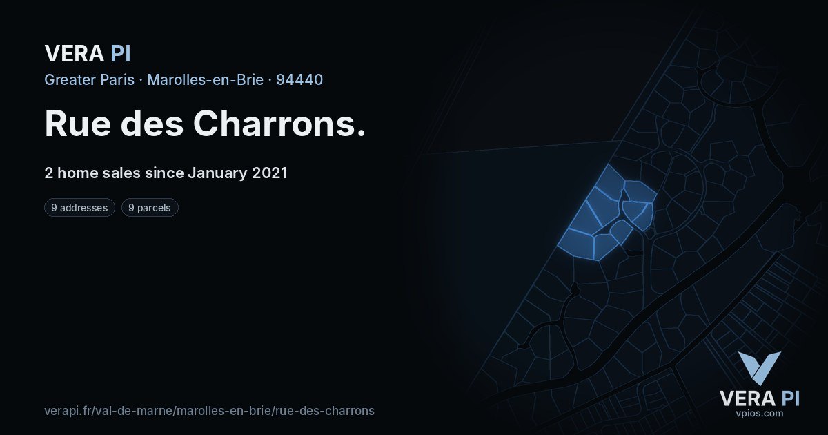 Rue des Charrons, Marolles-en-Brie at night – every parcel coloured by the prices around it, the street's own parcels lit