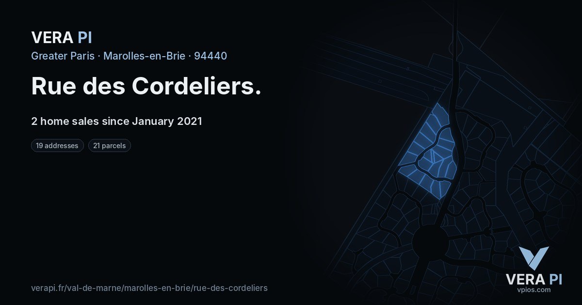 Rue des Cordeliers, Marolles-en-Brie at night – every parcel coloured by the prices around it, the street's own parcels lit