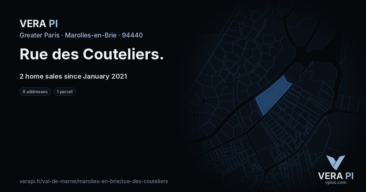 Rue des Couteliers, Marolles-en-Brie at night – every parcel coloured by the prices around it, the street's own parcels lit
