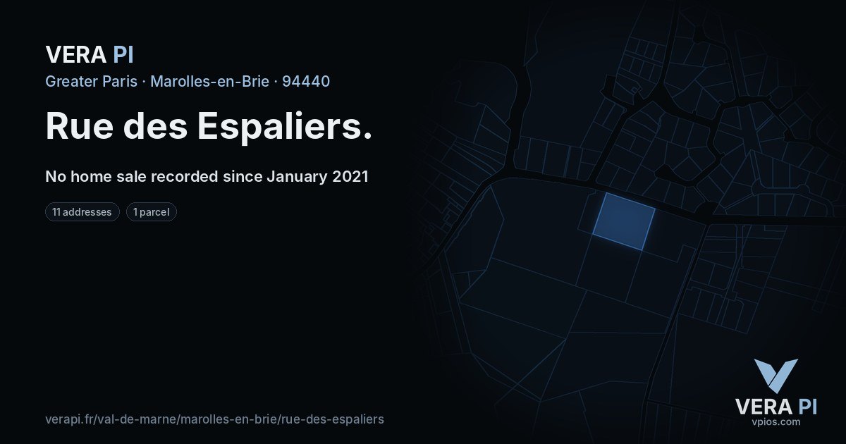 Rue des Espaliers, Marolles-en-Brie at night – every parcel coloured by the prices around it, the street's own parcels lit