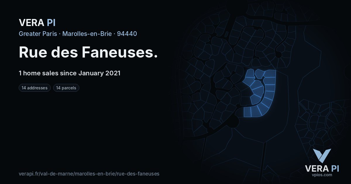 Rue des Faneuses, Marolles-en-Brie at night – every parcel coloured by the prices around it, the street's own parcels lit