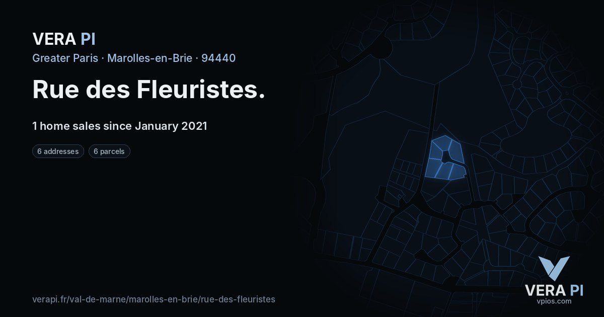 Rue des Fleuristes, Marolles-en-Brie at night – every parcel coloured by the prices around it, the street's own parcels lit