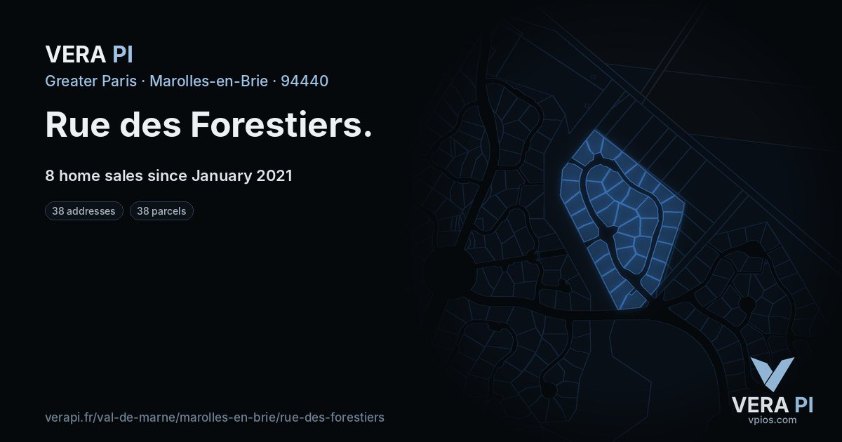 Rue des Forestiers, Marolles-en-Brie at night – every parcel coloured by the prices around it, the street's own parcels lit