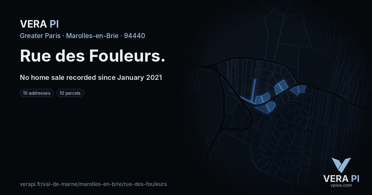 Rue des Fouleurs, Marolles-en-Brie at night – every parcel coloured by the prices around it, the street's own parcels lit
