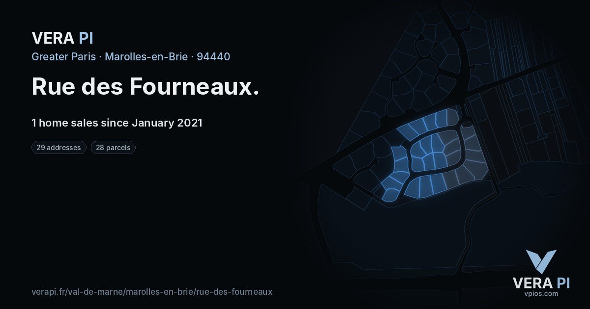 Rue des Fourneaux, Marolles-en-Brie at night – every parcel coloured by the prices around it, the street's own parcels lit