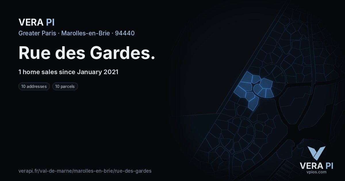 Rue des Gardes, Marolles-en-Brie at night – every parcel coloured by the prices around it, the street's own parcels lit