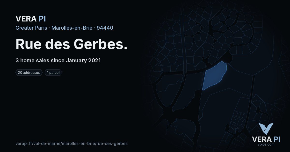 Rue des Gerbes, Marolles-en-Brie at night – every parcel coloured by the prices around it, the street's own parcels lit
